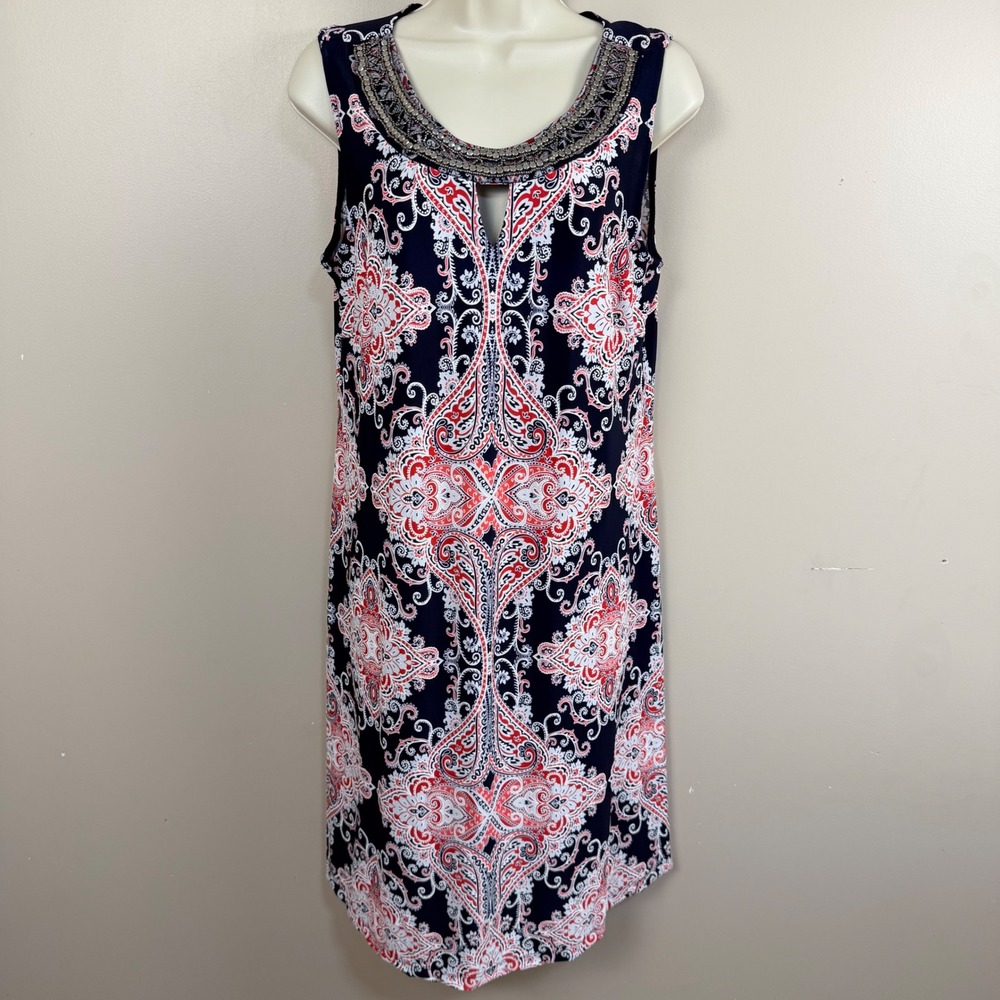 Roz & Ali Paisley Women 6 Navy Red Beaded Neck Keyhole Sleeveless Shift Dress